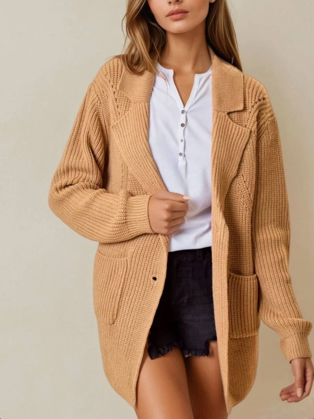 Doe & Rae Sweater Blazer NWT Carmel Tan Oversized Pockets Chunky Ribbed Knit M